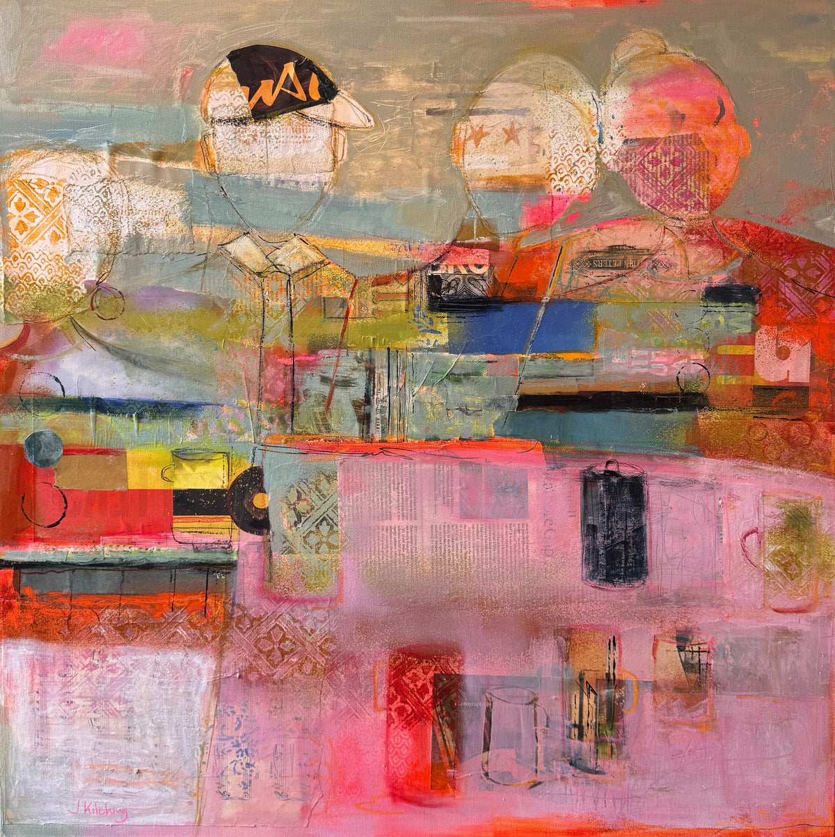 An abstract mixed-media painting in a black square frame, featuring a complex collage of pink, orange, green, blue, and beige textures, shapes, and patterns.