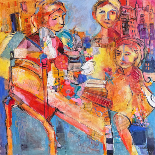 An abstract expressionist painting depicting three stylized figures around a table with colorful objects, rendered in expressive brushstrokes of orange, yellow, blue, red, and purple on a dark textured background.