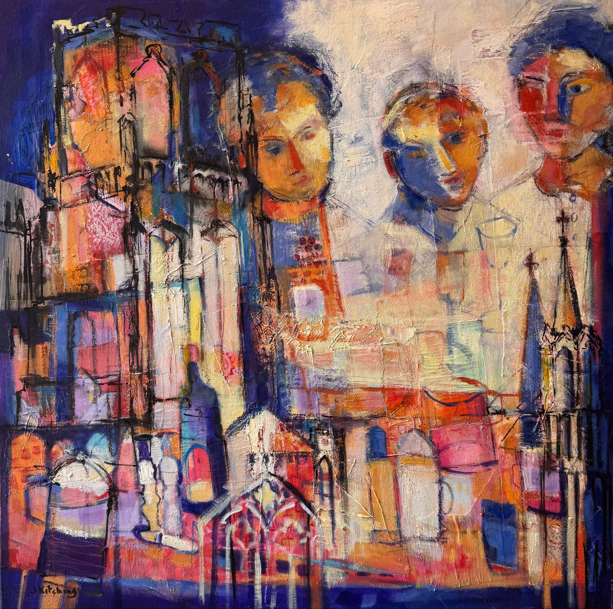 An abstract expressionist painting featuring stylized faces and architectural forms in a mix of blue, pink, orange, cream, and black, housed in a dark frame.