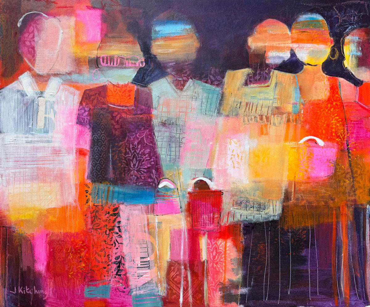 An abstract mixed-media painting on canvas featuring a vibrant collage of pink, red, orange, yellow, purple, and blue brushstrokes and textures, displayed on a dark green textured surface.