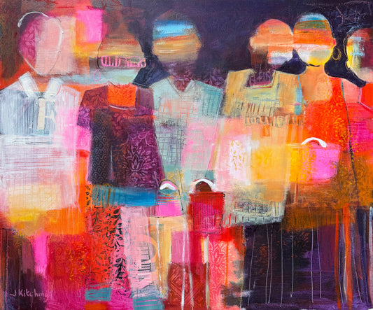 An abstract mixed-media painting on canvas featuring a vibrant collage of pink, red, orange, yellow, purple, and blue brushstrokes and textures, displayed on a dark green textured surface.