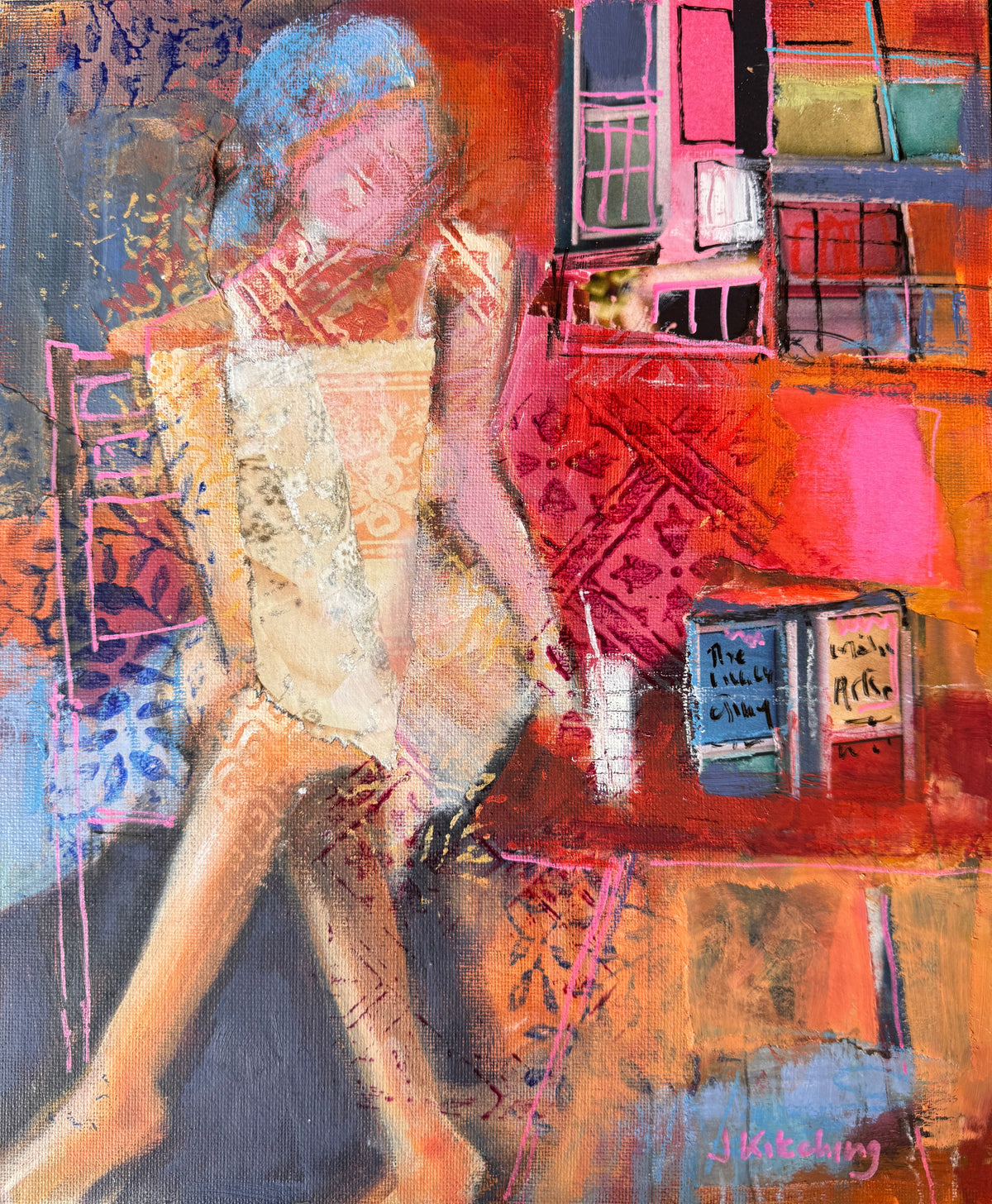 An abstract mixed-media painting on canvas featuring a stylized figure in a cream dress with dynamic limbs, set against a vibrant background of orange, red, pink, blue, and black tones, displayed on a dark green textured surface.