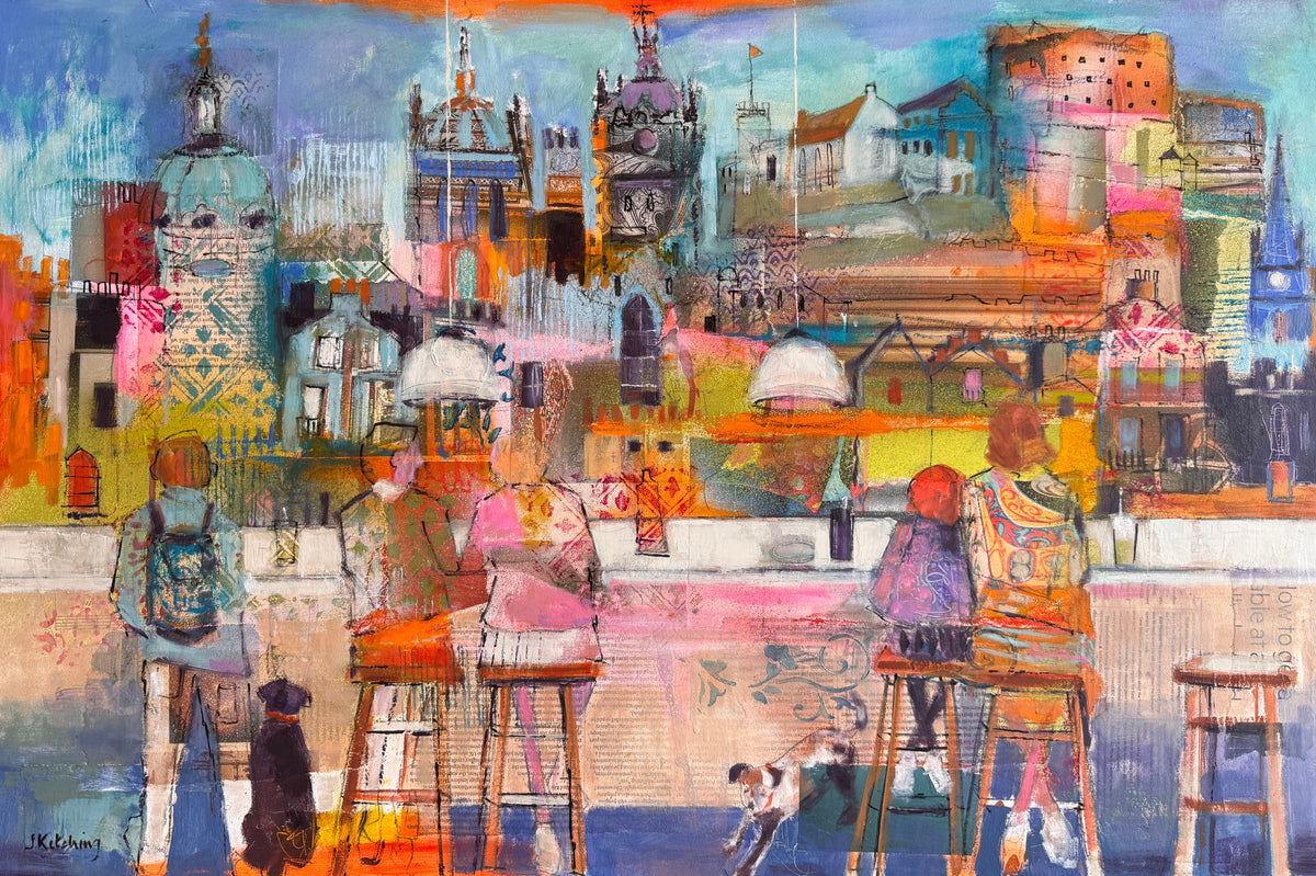A colorful mixed-media painting depicting a city street scene with figures sitting on stools at a bar, dogs in the foreground, and stylized buildings in the background. The artwork is presented on a dark textured background.