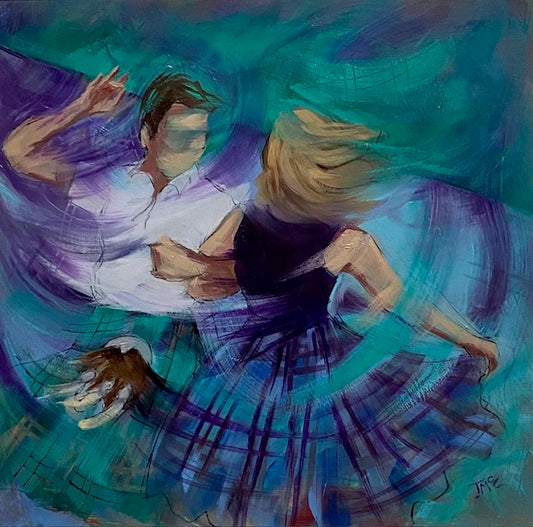an energetic painting in green and purple of two people in kilts dancing.