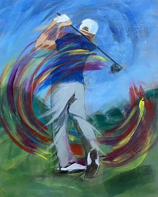 Artistic depiction of a golfer in action with colorful swirls around