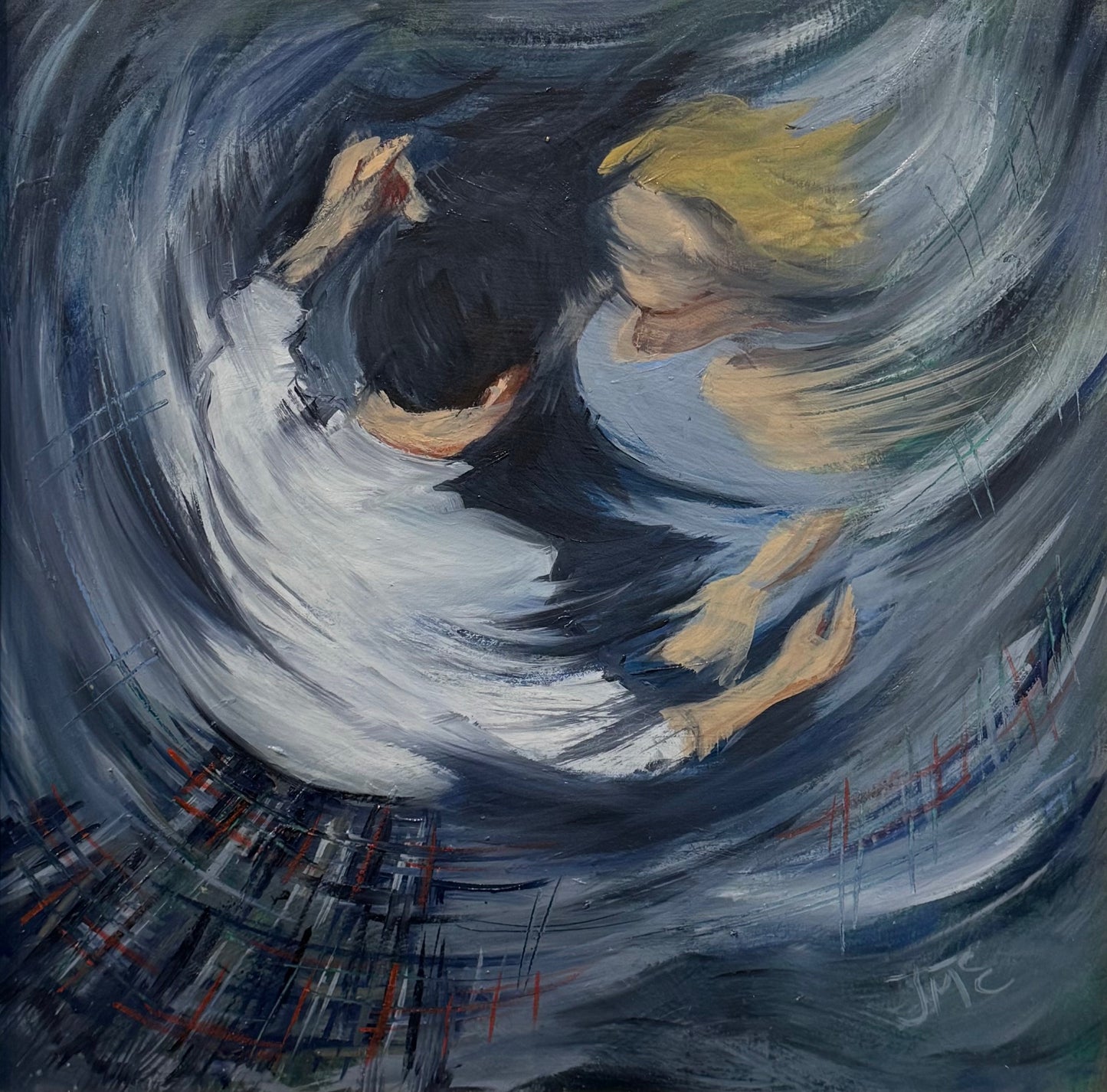Abstract painting of a person with dark hair and yellow top in a swirling pattern