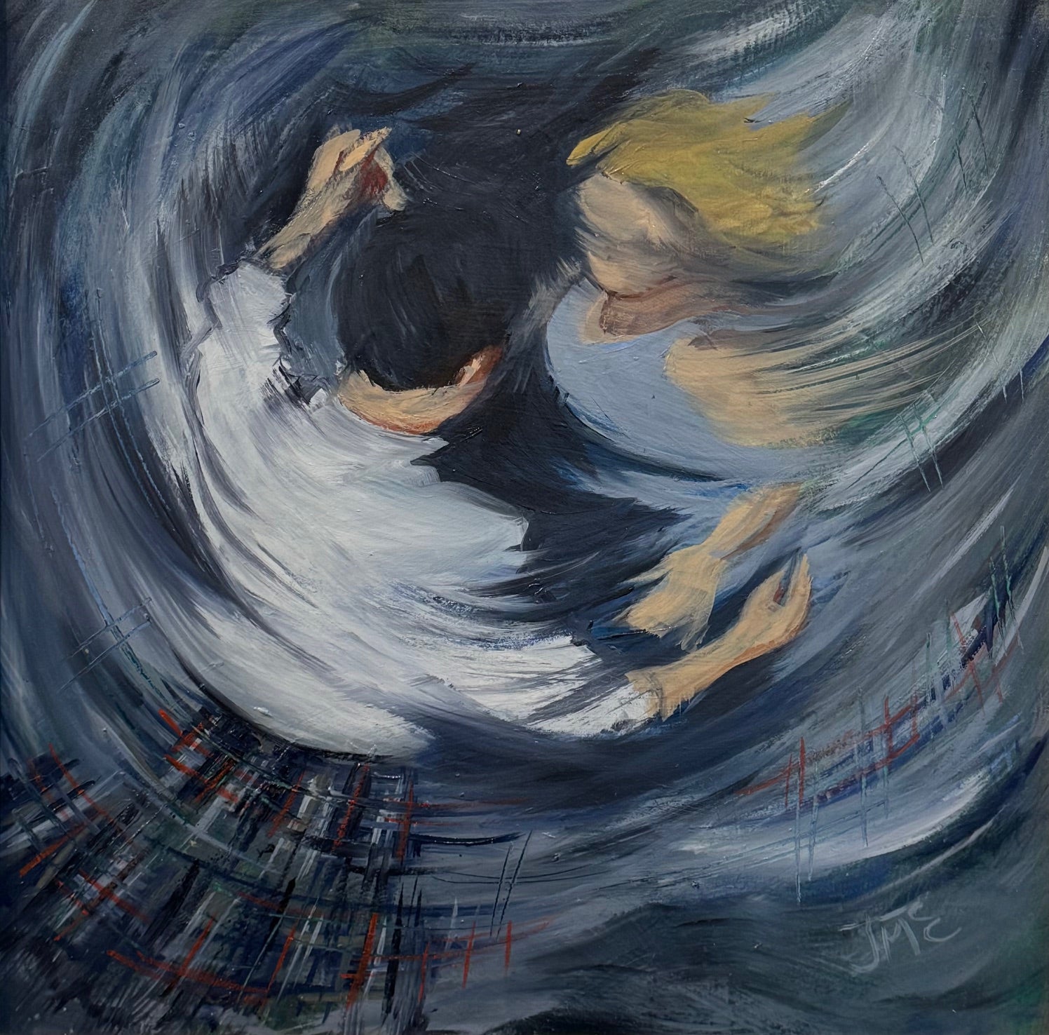 Abstract painting of a person with dark hair and yellow top in a swirling pattern