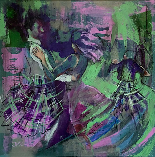 two people dancing, wearing tartan. 