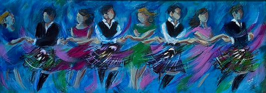 a line of people in kilts dancing holding hands