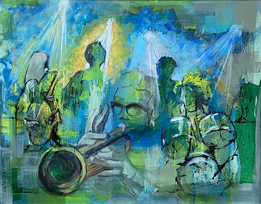a figurative painting of a jazz club and people playing instruments.