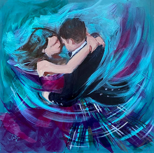 a figurative painting of two people dancing wearing tartan