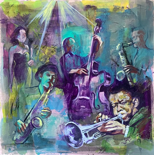 a figurative painting of a jazz club and people playing instruments.