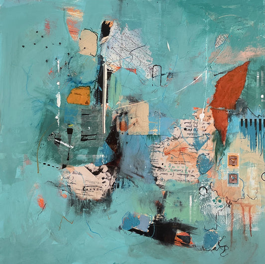 Abstract artwork with a mix of colors and textures on a teal background