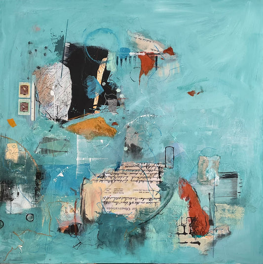 Abstract artwork with a mix of textures and colors on a blue background