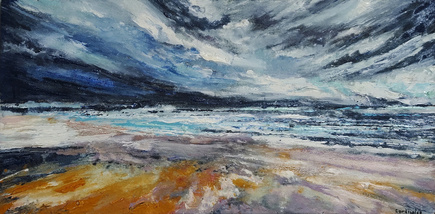 Painting of a coastal landscape with a stormy sky and rugged terrain.