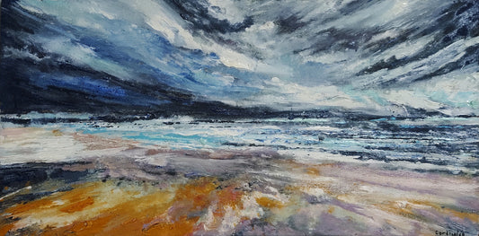 Painting of a coastal landscape with a stormy sky and rugged terrain.