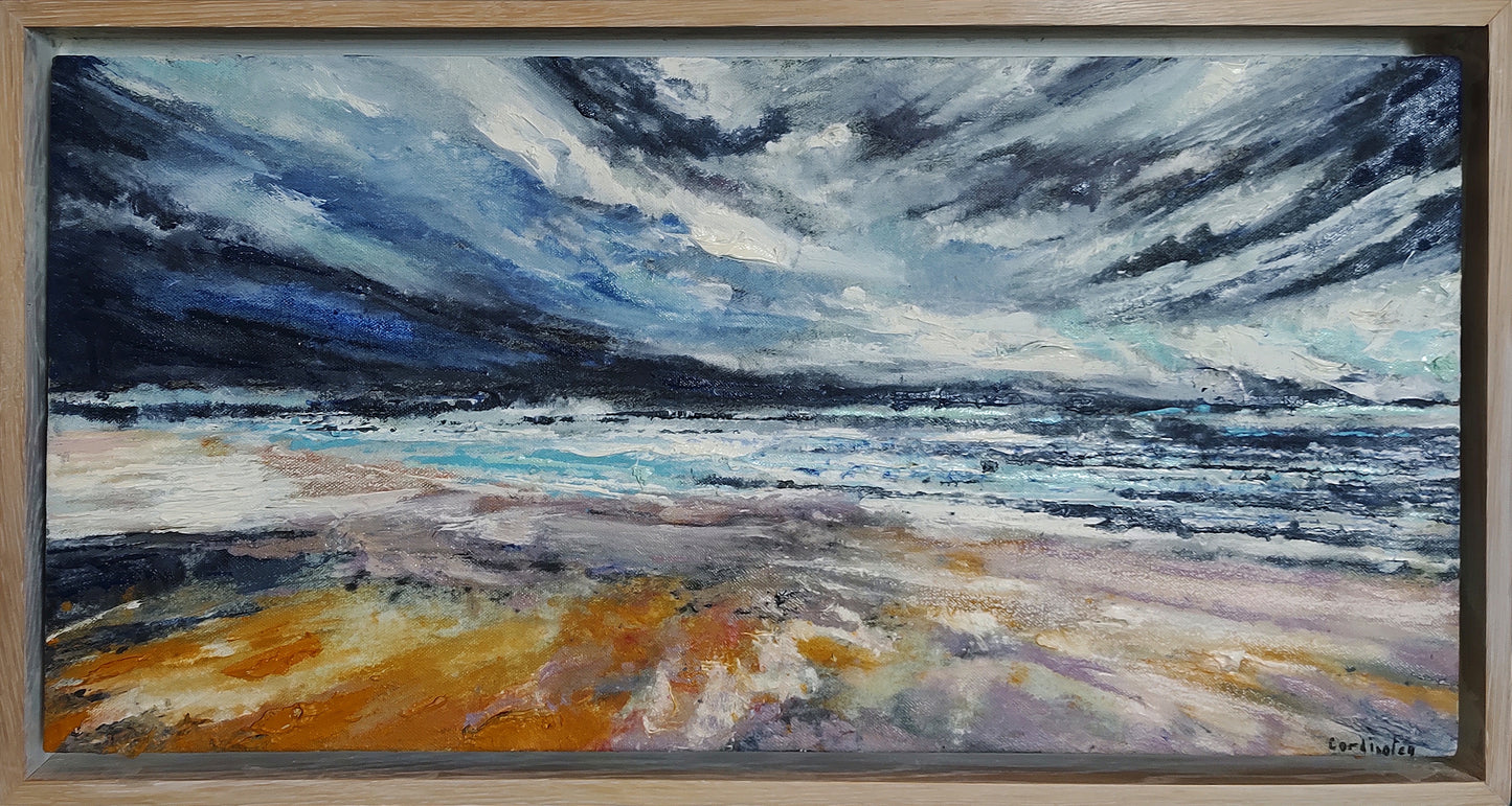 Painting of a coastal scene with a stormy sky and rugged landscape.