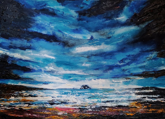 Painting of a stormy sea with dark clouds and a small boat.