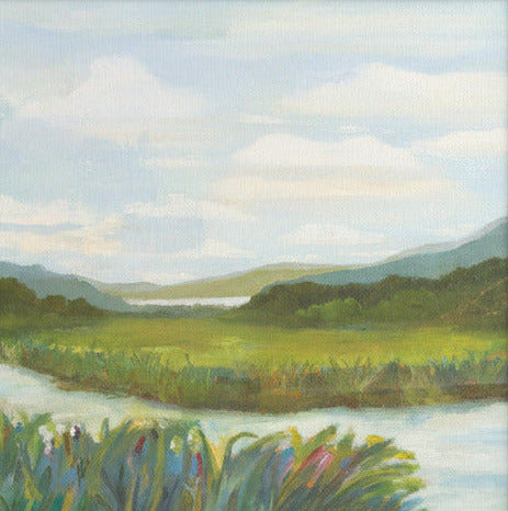 Framed painting of a landscape with a river and mountains.