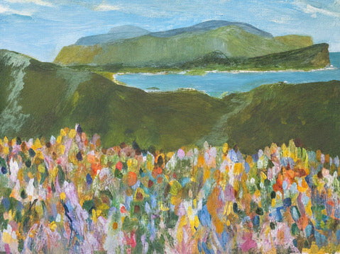 Framed painting of a landscape with mountains and a field of flowers.