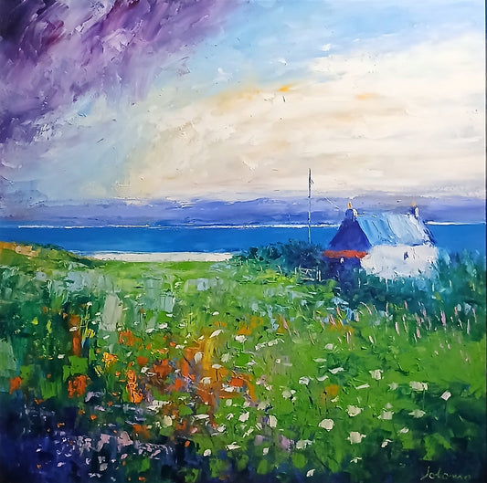 Framed painting of a landscape with a house, grass, and sky.