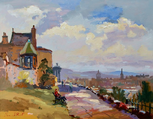 Painting of a Calton Hill in Edinburgh with a tower and people on a path, under a cloudy sky.