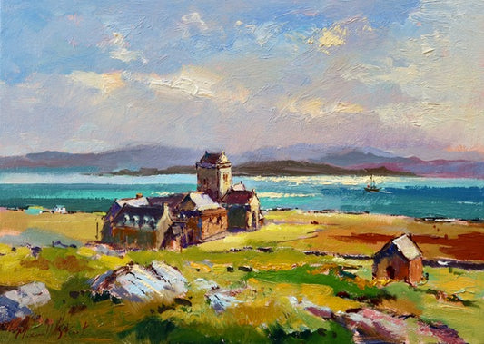 Painting of a coastal scene with a building and ocean