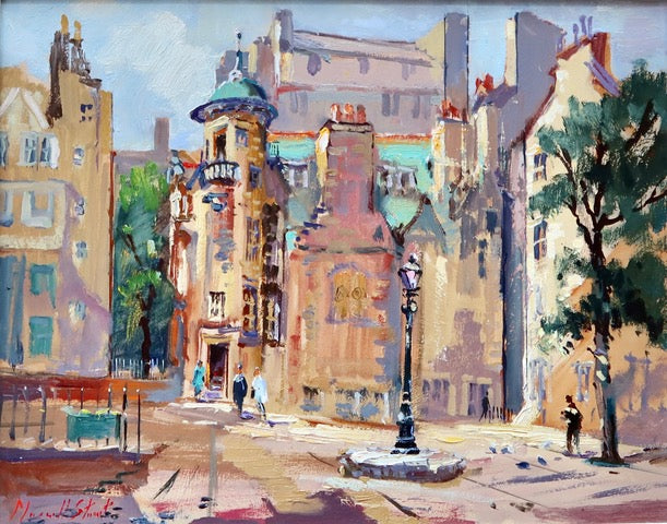 Painting of a city street with buildings, people, and a lamp post.