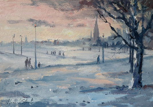 Winter scene with people skating on a frozen lake, trees, and a city skyline in the background.