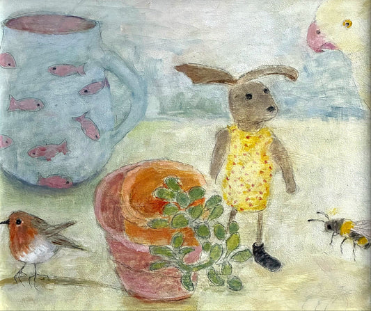 A lovely colourful painting of a rabbit in a yellow dress with a robin, a plan tin a pot and a blue jug with fish