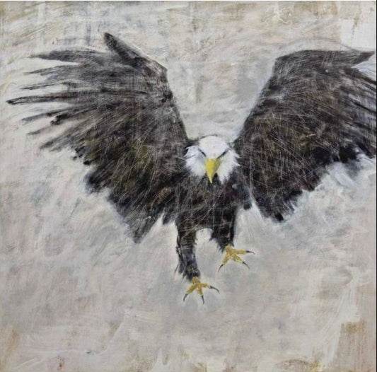 a painting of a bald eagle on a grey textures background.