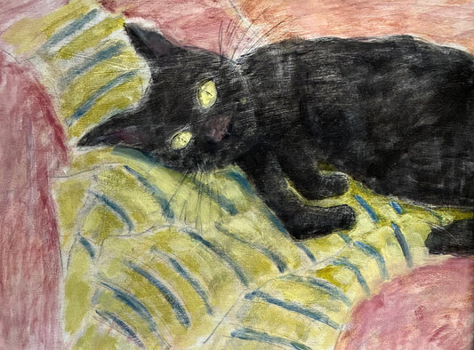 a lovely painting of a black cat on a yellow and blue striped rug.