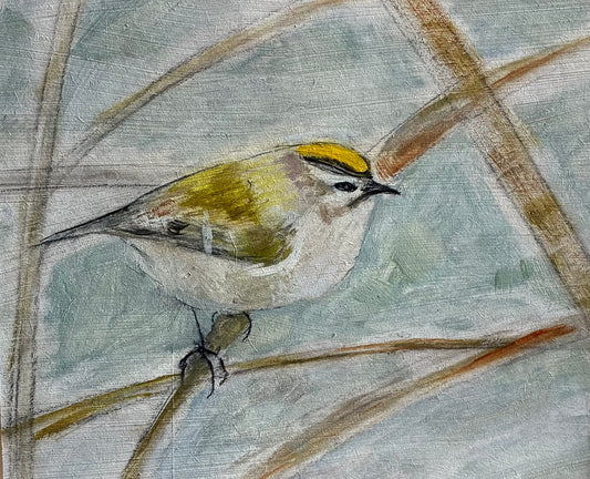 a delicate painting of a goldcrest on a branch.