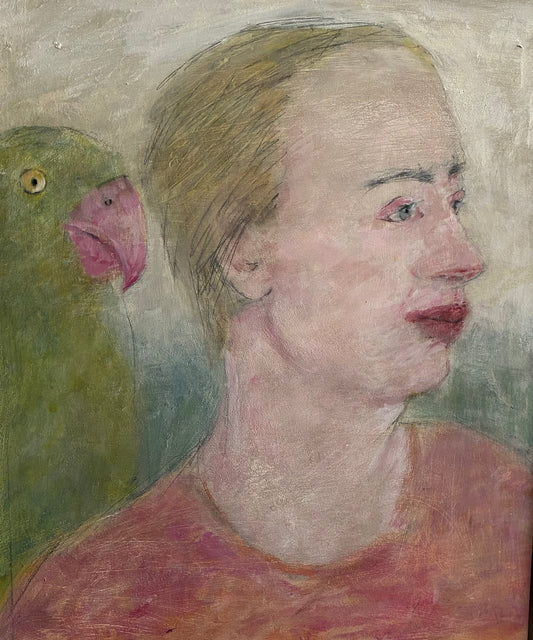 Artistic depiction of a person with a parrot on their shoulder.