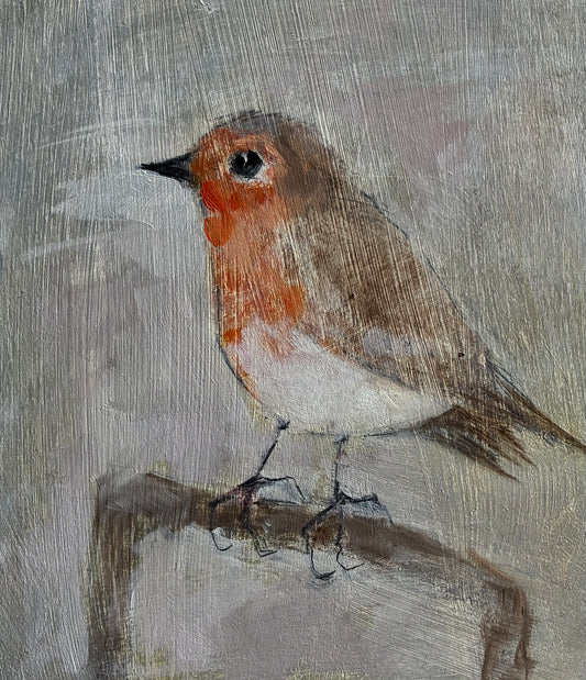 A painted robin perched on a branch, rendered in soft brown, white, and orange tones against a textured gray background.