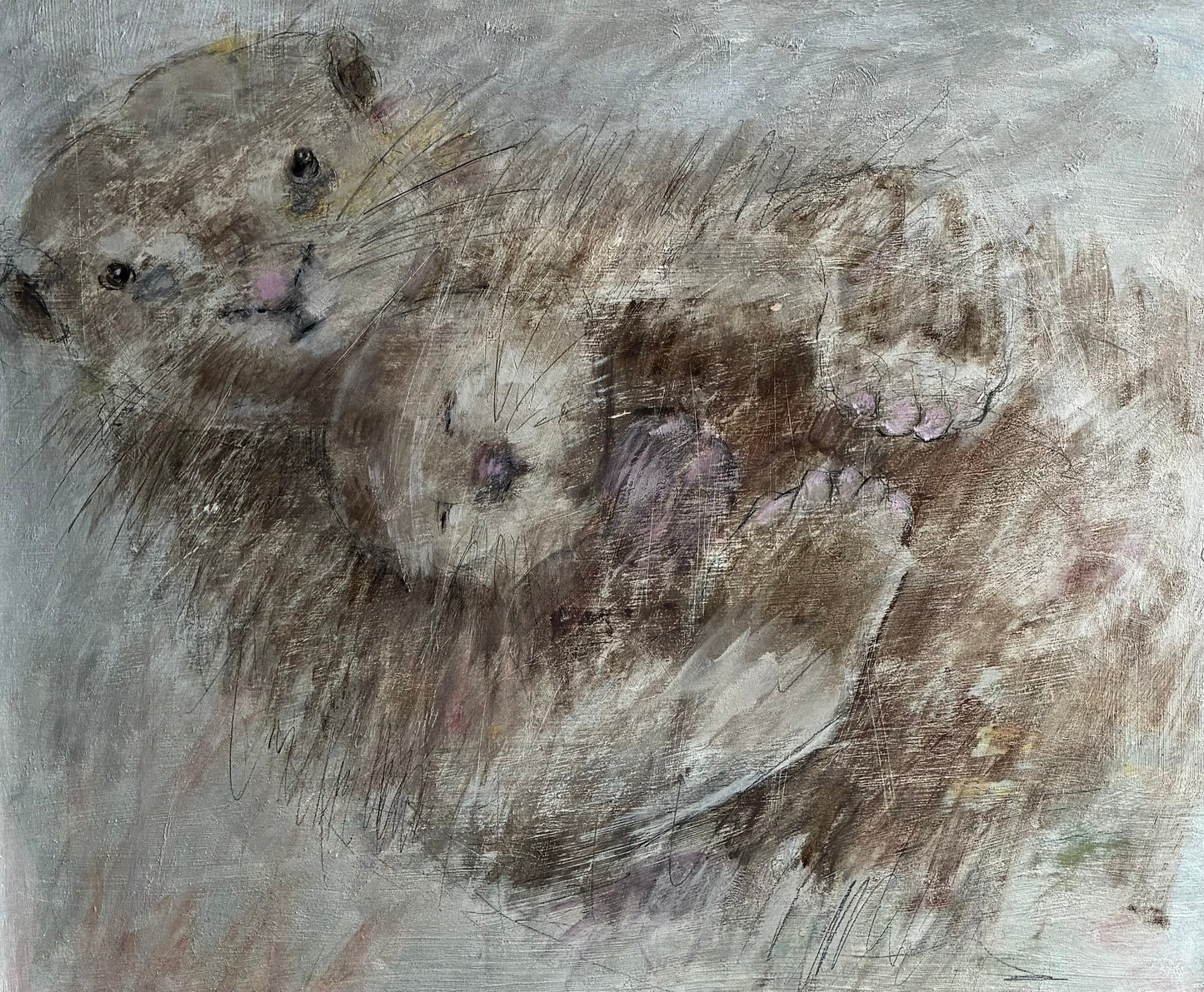 A textured painting of two small mammals, likely a mother and cub, rendered in earthy brown, gray, and beige tones with soft pink accents on a mottled gray background.
