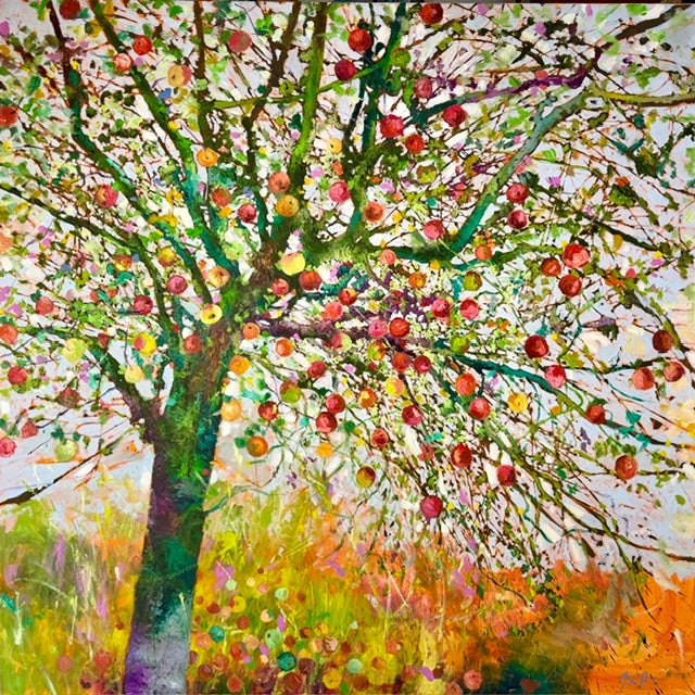 Colorful painting of a tree with fruits in a field