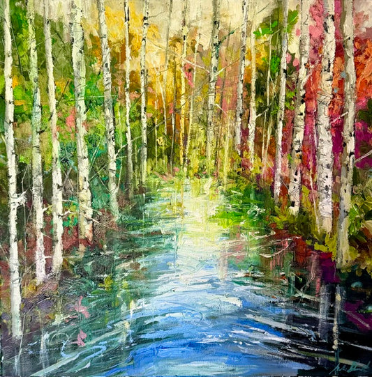 Painting of a forest with birch trees and a stream