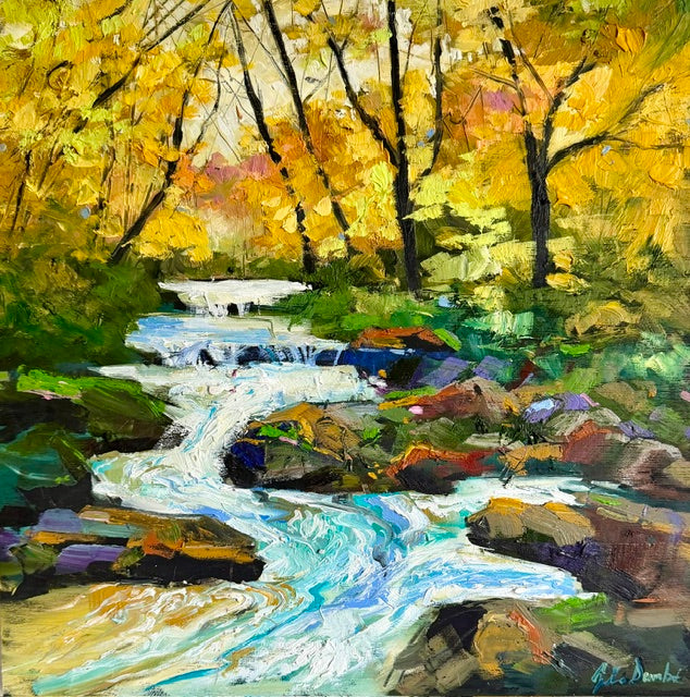 Painting of a stream flowing through a forest with autumn colors
