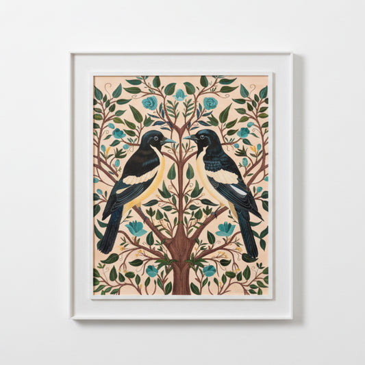 a lovely decorative painting of two magpies in a tree facing each other symmetrically. against a peach background and in a white St Ives frame.