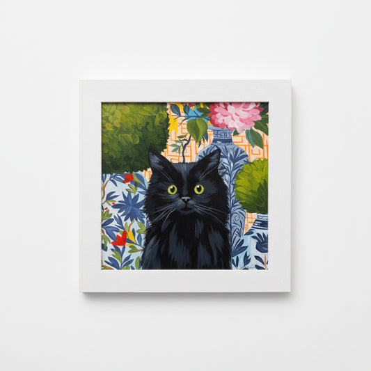 a painting of a black cat against a colourful background of floral pots and shrubs.