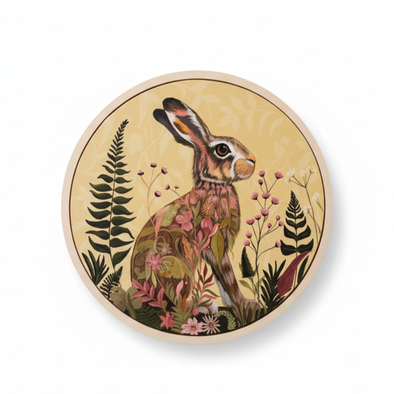 Decorative wall art with a rabbit and floral design on a white background