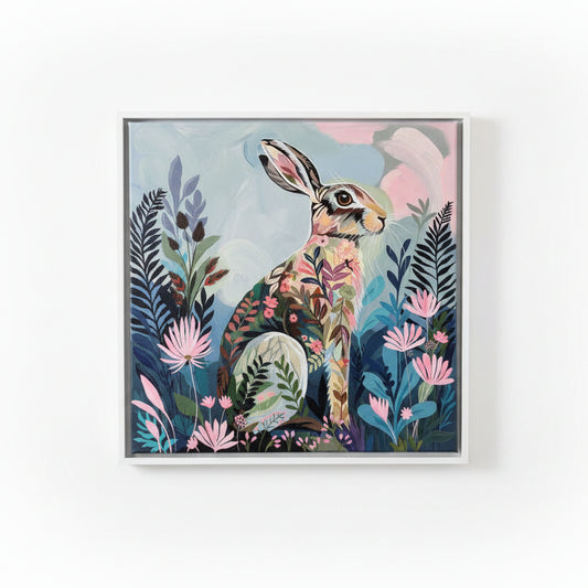 Framed artwork of a rabbit among flowers and leaves on a white wall.