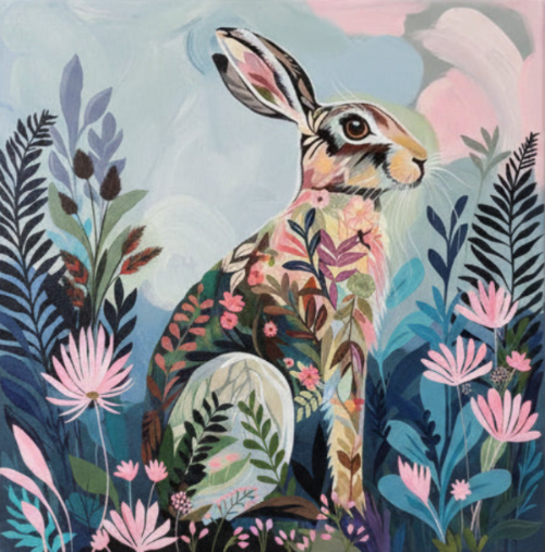 Colorful illustration of a rabbit surrounded by flowers and plants on a blue background