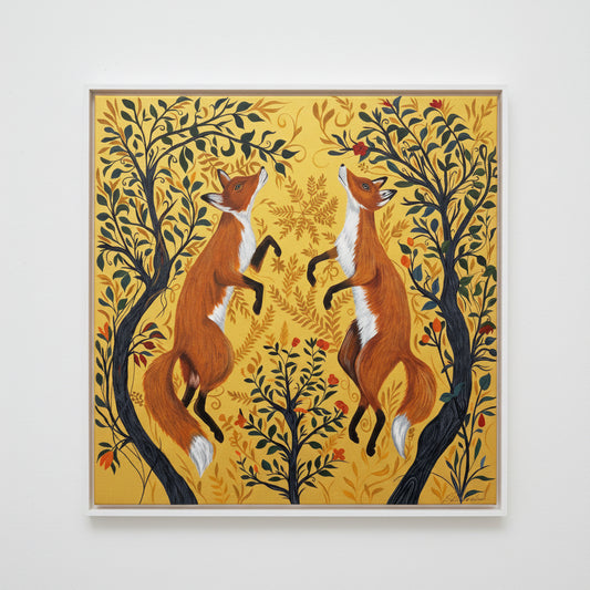 a painting of two foxes opposite each other looking up towards the sky, against a yellow/gold background with trees on either side. 