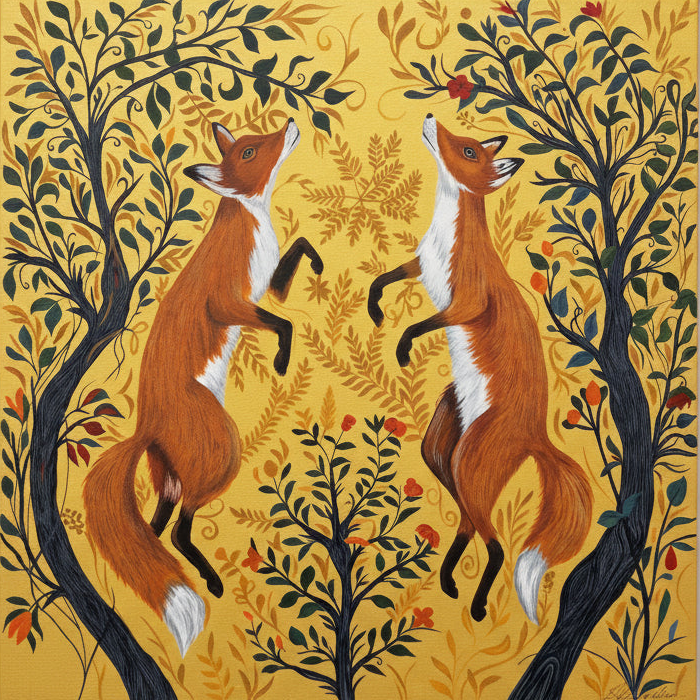 a painting of two foxes on a gold background with trees either side.