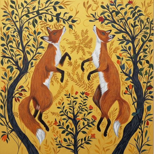 a painting of two foxes on a gold background with trees either side.