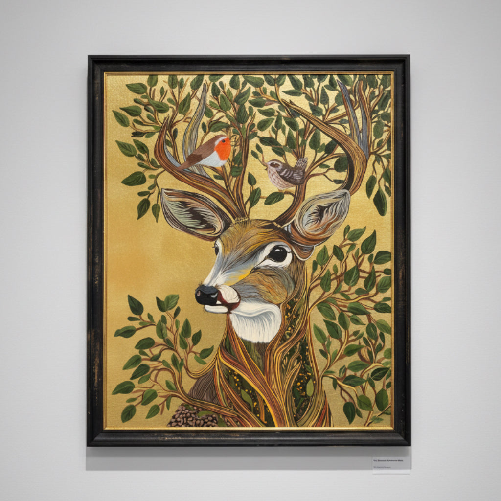 Framed artwork of a deer with antlers surrounded by leaves and birds on a gold background.