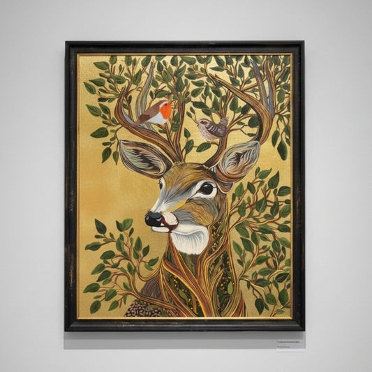 Framed artwork of a deer with antlers surrounded by leaves and birds on a gold background.