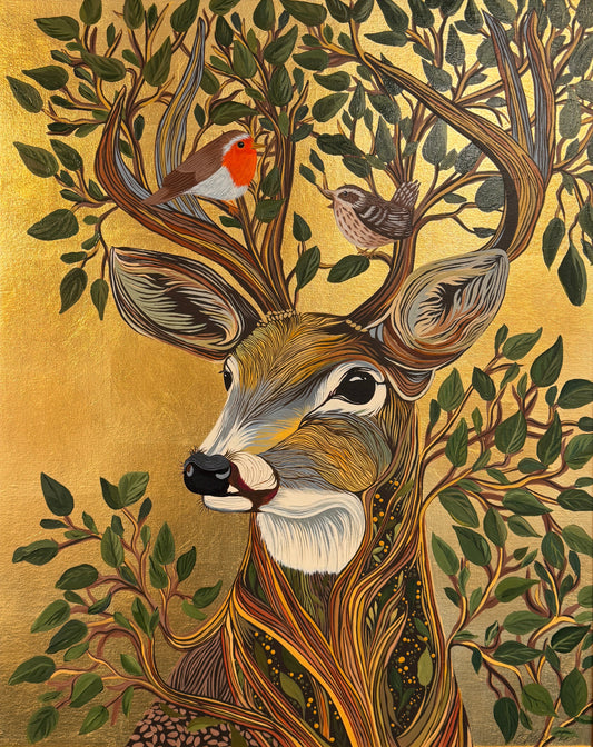 Decorative painting of a deer with antlers surrounded by foliage and birds on a gold background.